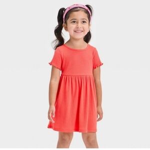 Cat & Jack Toddler Girls Short  Sleeve Ribbed Dress A-Line Crewneck Coral Orange